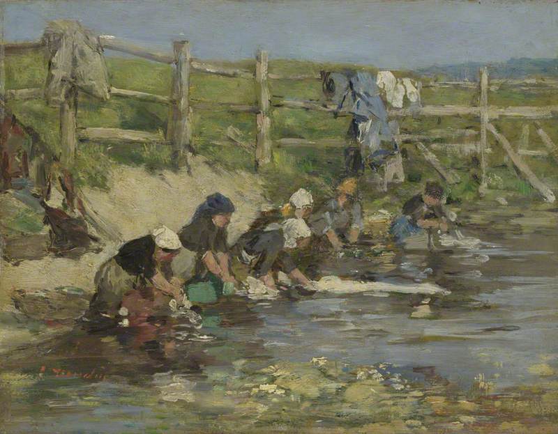 Reproduction du tableau « Blanchisseuses au bord d'un ruisseau - Eugène Boudin » par Alpha Reproduction en peinture à l’huile