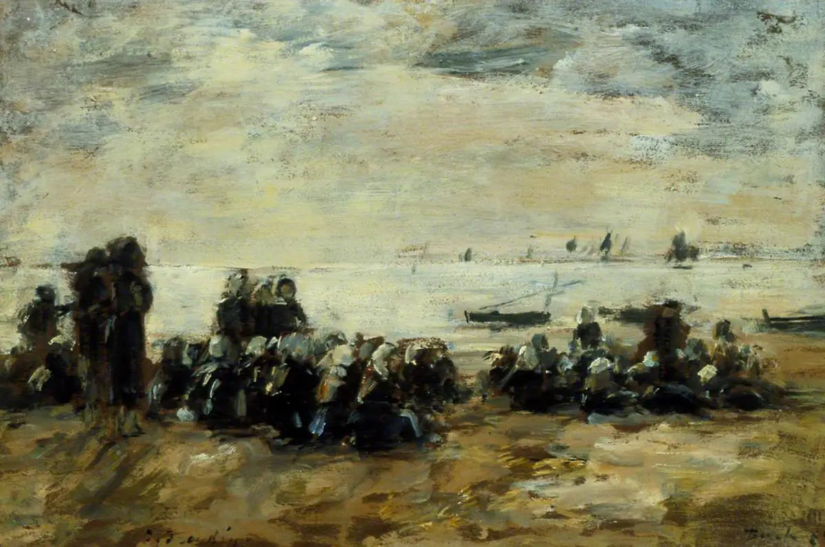 Reproduction du tableau « Femmes attendant les bateaux de pêche sur la plage de Berck - Eugène Boudin » par Alpha Reproduction en peinture à l’huile
