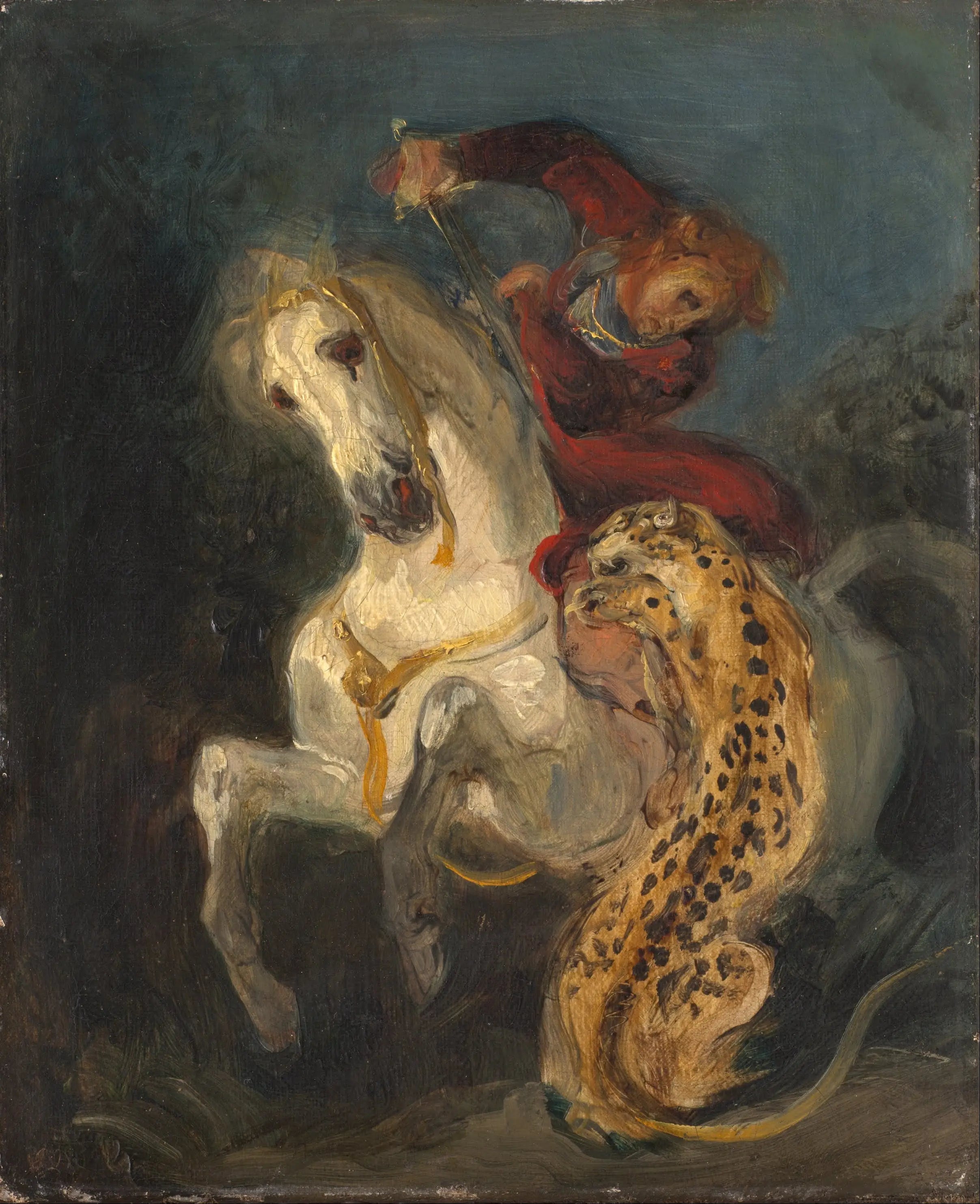 Reproduction du tableau « Cavalier attaqué par un jaguar - Eugène Delacroix » par Alpha Reproduction en peinture à l’huile