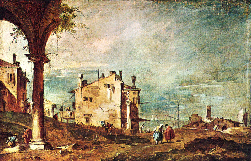 Capriccio: Ruínas de um arco e fazendas às margens de uma lagoa - Francesco Guardi