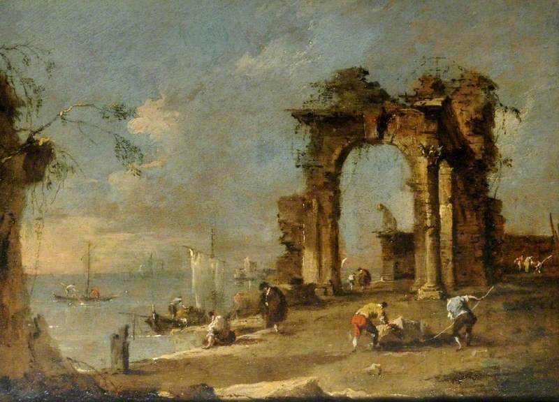 Capriccio com um arco em ruínas à beira de uma lagoa - Francesco Guardi