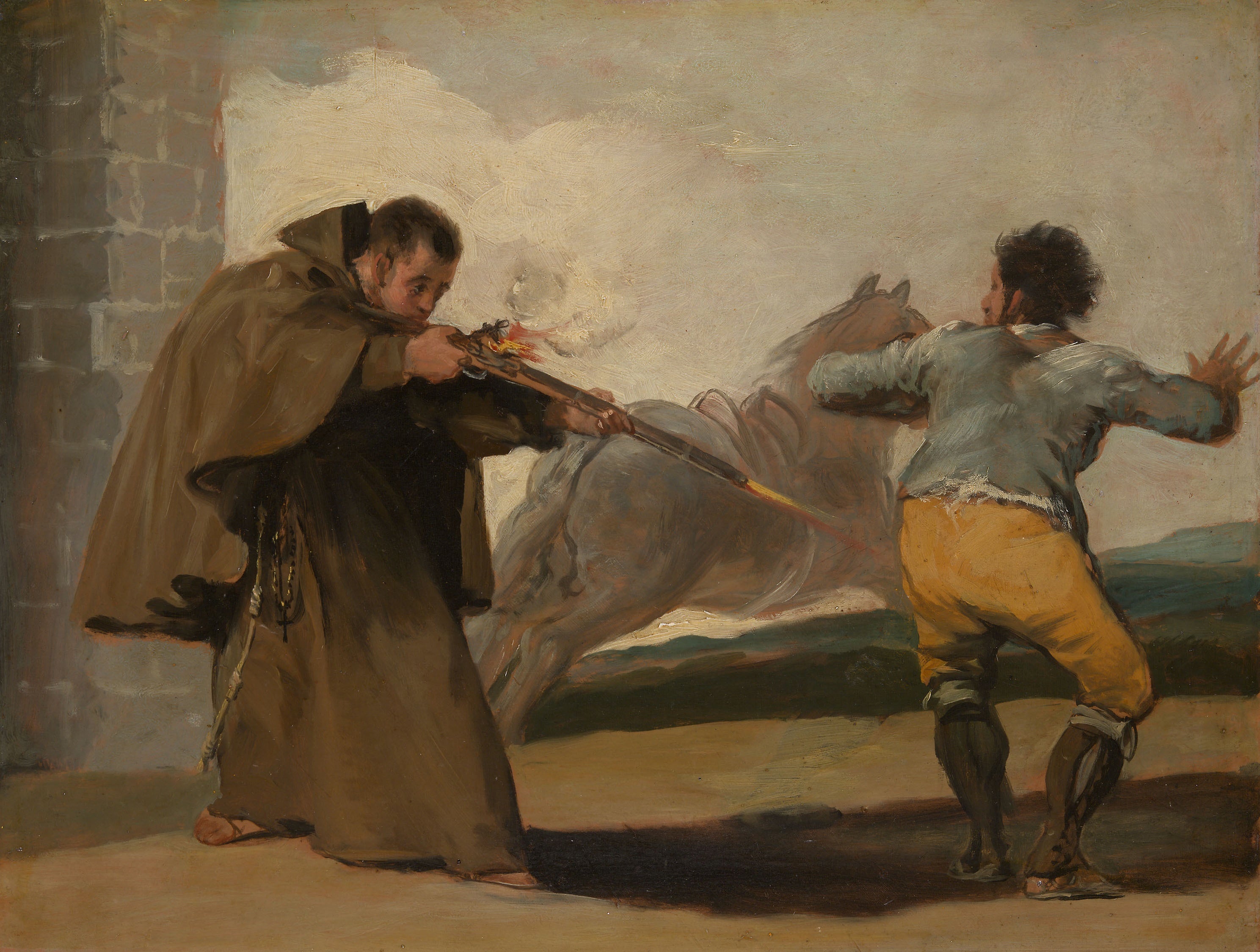 Reproduction du tableau « Frère Pedro tire sur El Maragato alors que son cheval s'enfuit - Francisco de Goya » par Alpha Reproduction en peinture à l’huile