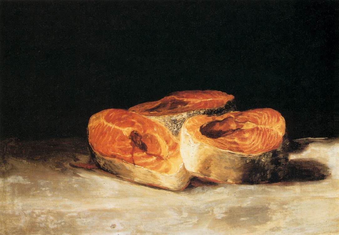 Reproduction du tableau « Nature morte avec trois tranches de saumon - Francisco de Goya » par Alpha Reproduction en peinture à l’huile