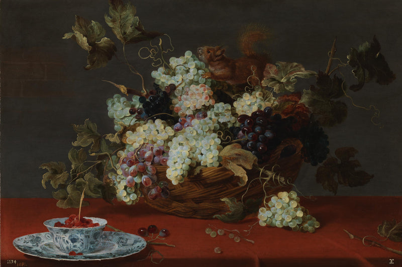 Une nature morte de fruits avec un panier de raisins et un écureuil sur une table - Frans Snyders