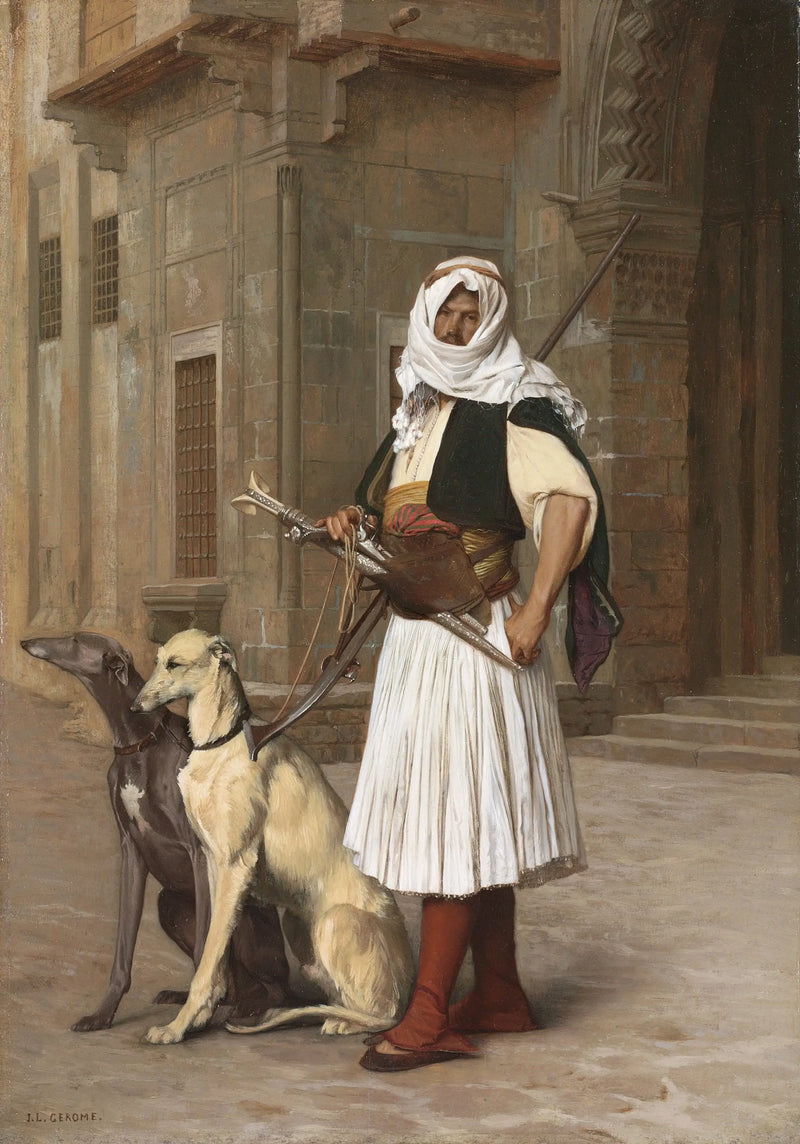 Arnaute com dois cães whippets - Jean-Léon Gérôme