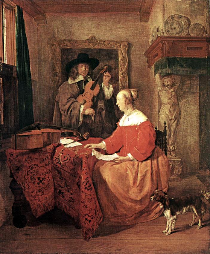 Une femme assise à une table et un homme accordant un violon - Gabriel Metsu