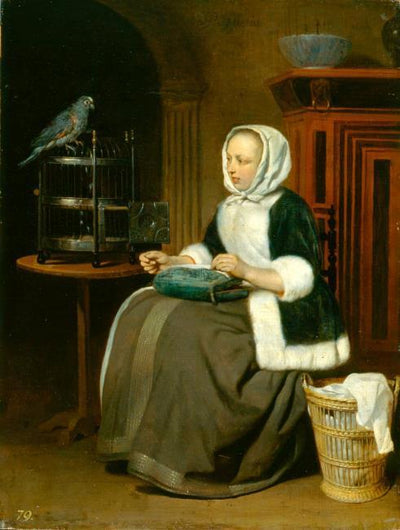 Une dame coud, avec un perroquet - Gabriel Metsu