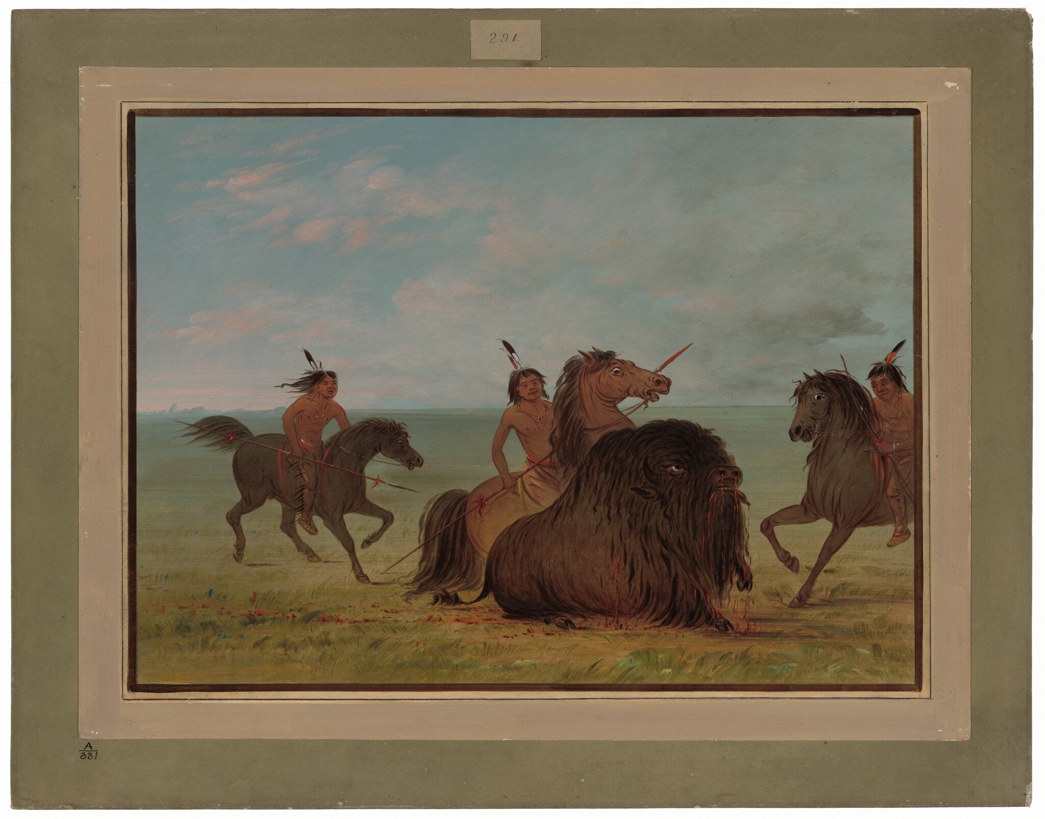 Des Camanchees lancent un bison mâle - George Catlin