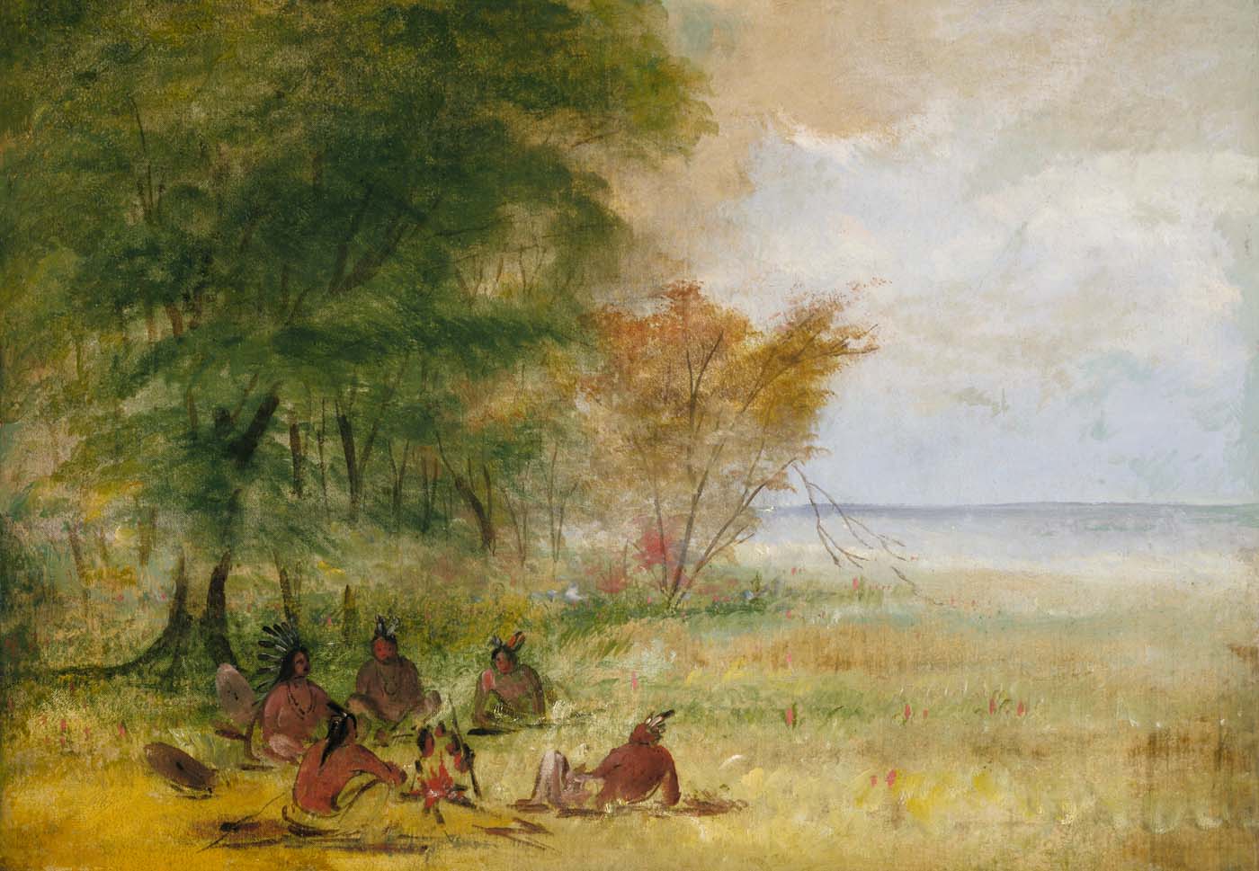 Conseil indien Sioux, chefs en profonde délibération - George Catlin