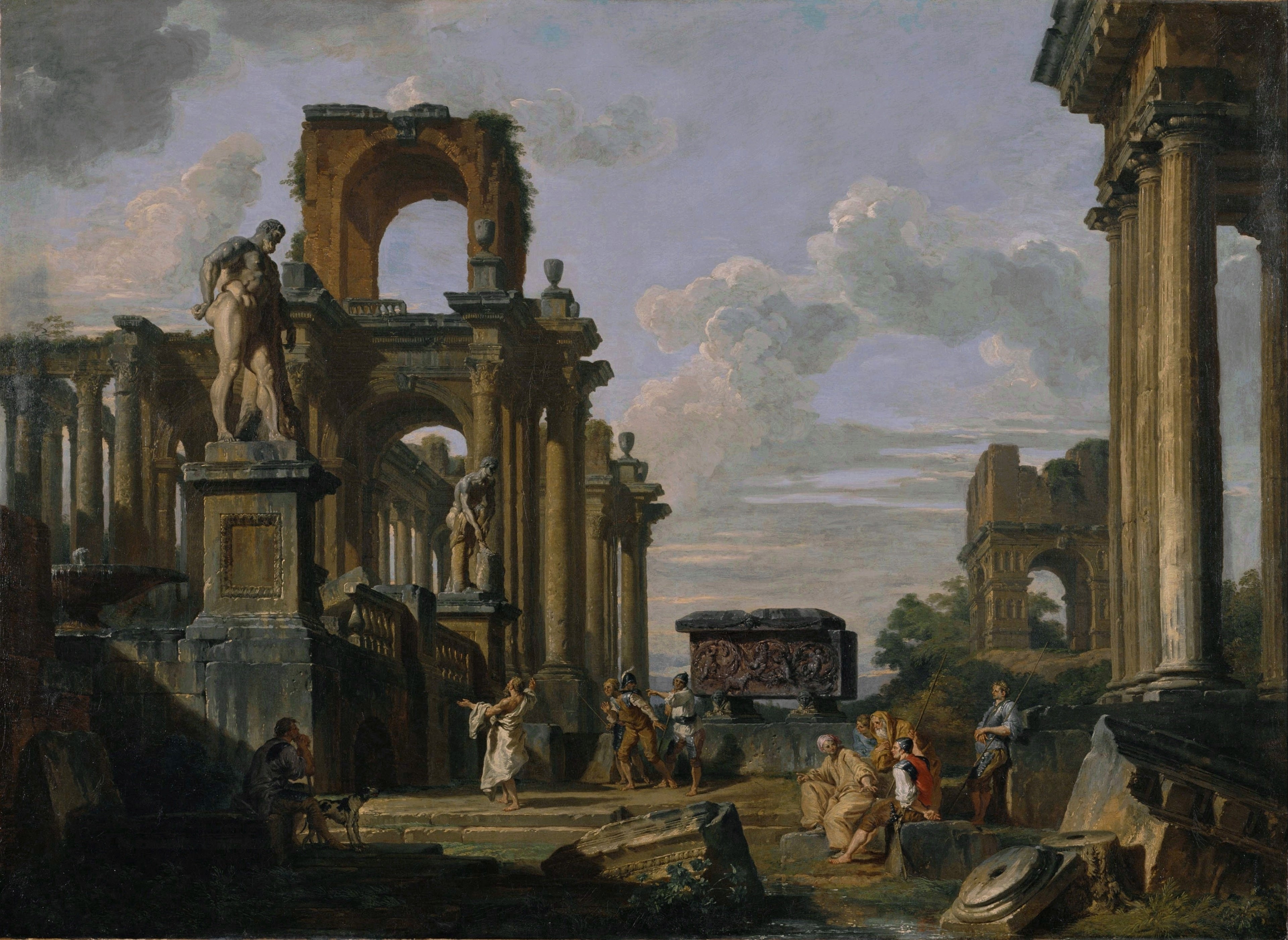 Capriccio architectural du Forum romain avec des philosophes et des soldats parmi des ruines antiques, dont l'arc de Janus Quadrifrons, le sarcophage de Santa Constanza, l'Hercule Farnèse et le Cincinnatus - Giovanni Paolo Panini