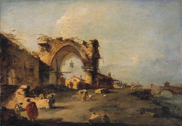 Vista de uma aldeia com uma ponte e uma porta gótica monumental em ruínas - Francesco Guardi