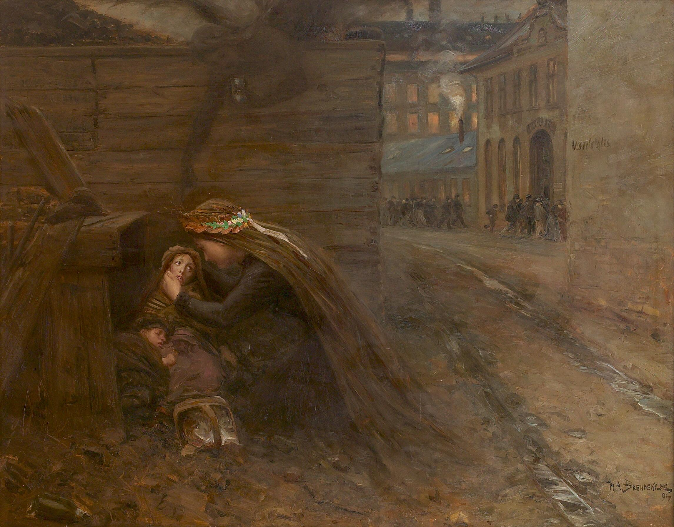 Une femme apporte de la nourriture à deux enfants. - H. A. Brendekilde