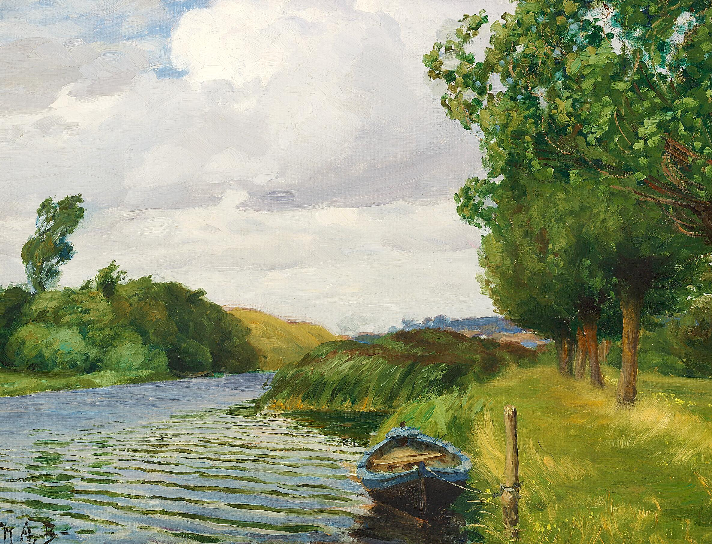 Une vue de la rivière à Odense, avec un bateau. - H. A. Brendekilde