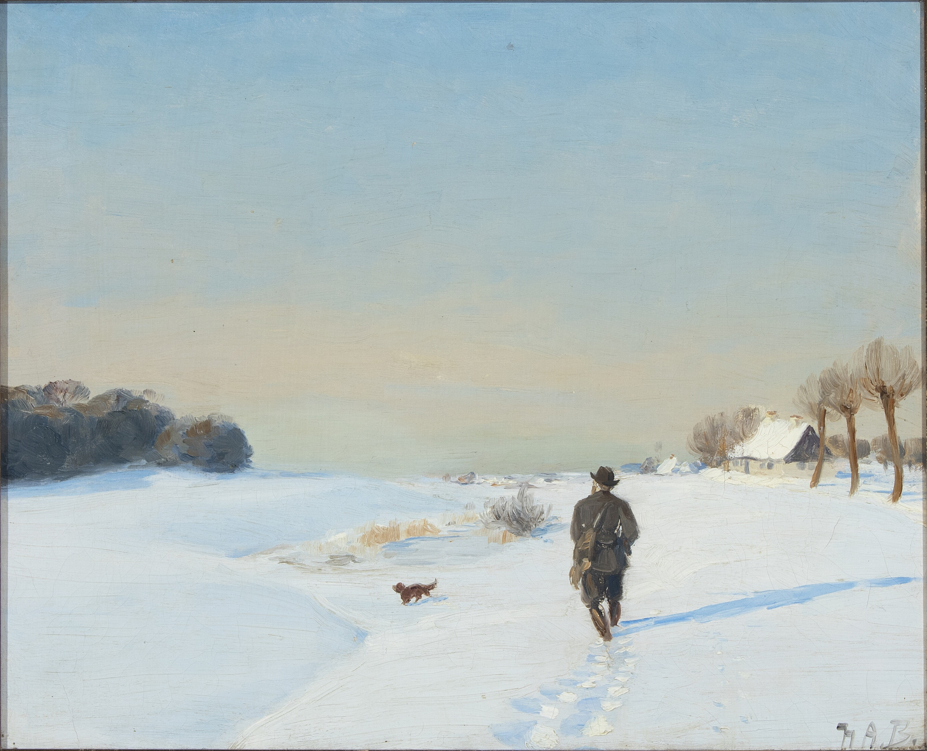 Paysage d'hiver avec un chasseur et son chien par une journée ensoleillée - H. A. Brendekilde