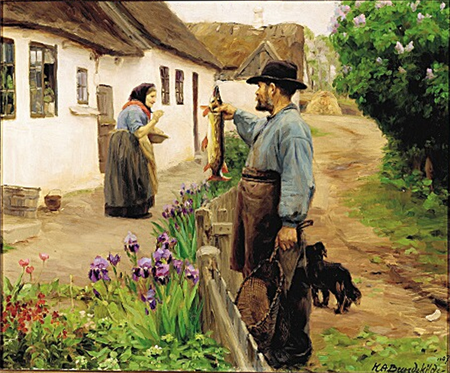« Le Pêcheur ». Un pêcheur offre un grand brochet frais à une vieille femme. - H. A. Brendekilde