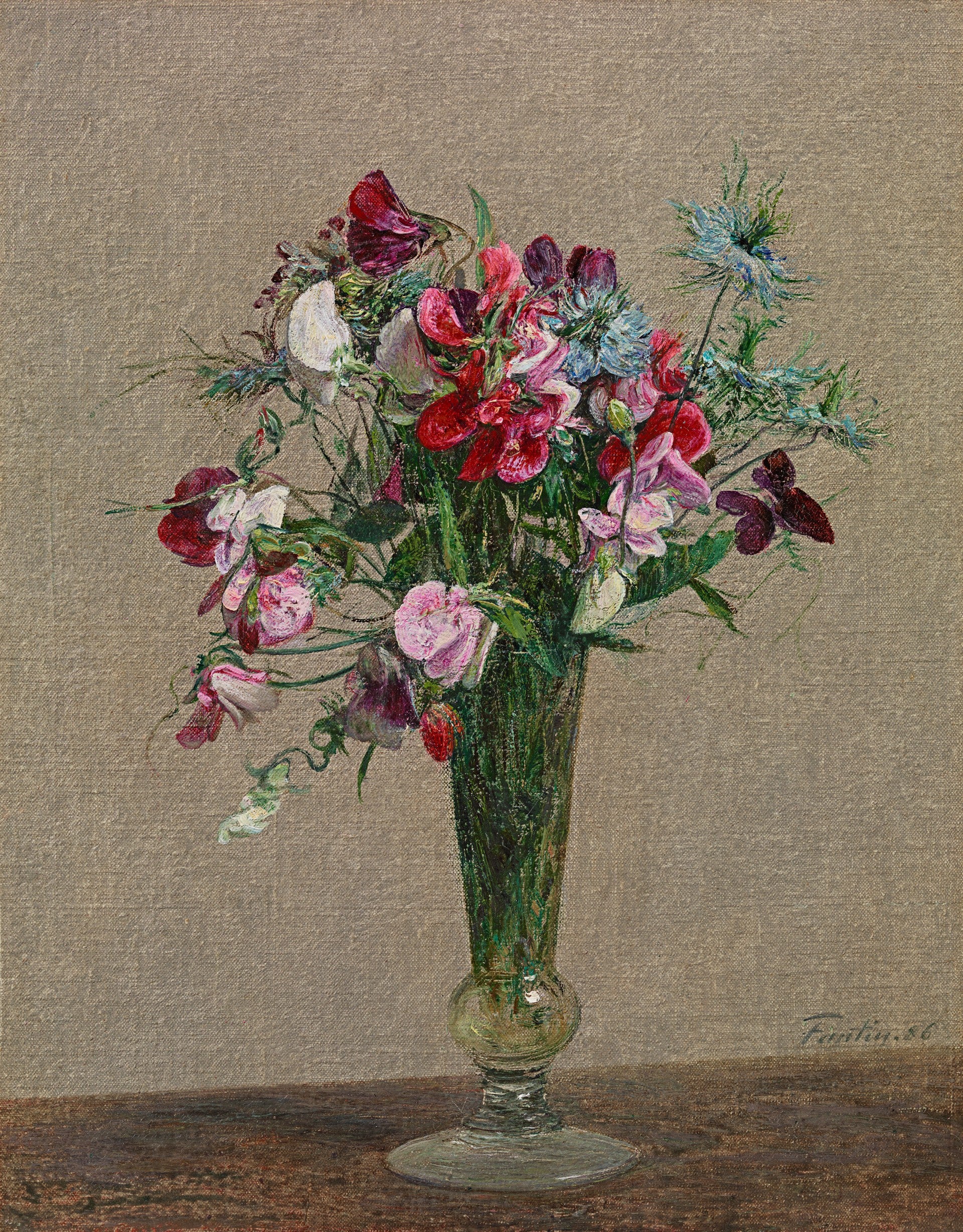 Fleurs, pois de senteurs et nigelles dans un petit vase - Henri Fantin-Latour