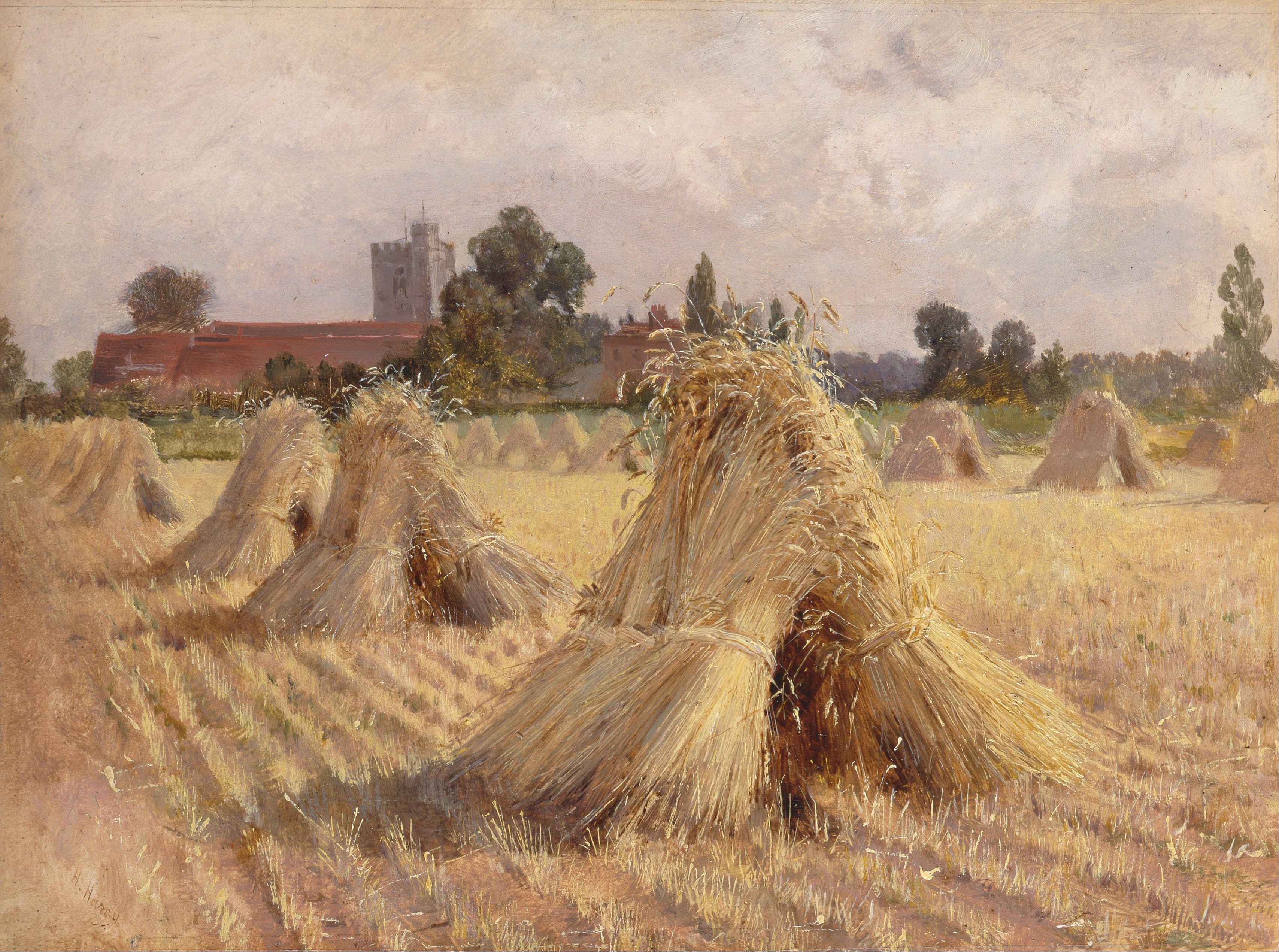 Moyettes de maïs près de l'église de Bray - Heywood Hardy