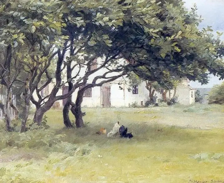 Galinhas sob as árvores na fazenda da Senhora Bendsen - Peder Severin Krøyer