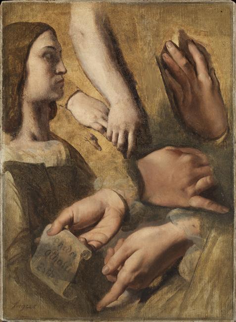 Perfil de Raphaël, mãos de Raphaël, Raiz e Poussin, estudos para a apoteose de Homero - Jean-Auguste-Dominique Ingres