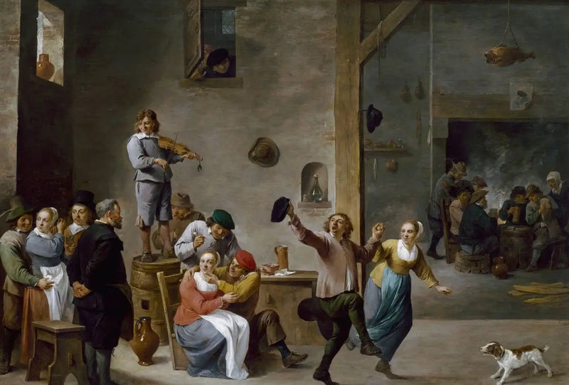 Interior de uma pousada com camponeses dançando - David Teniers Júnior