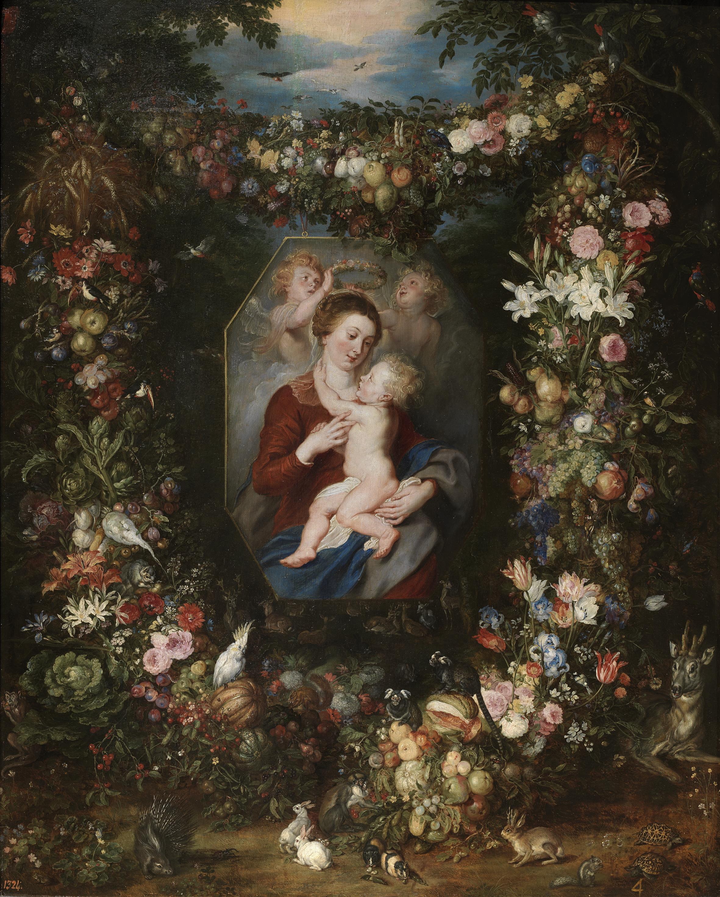 La Vierge à l'Enfant dans un tableau entouré de fruits et de fleurs - Peter Paul Rubens