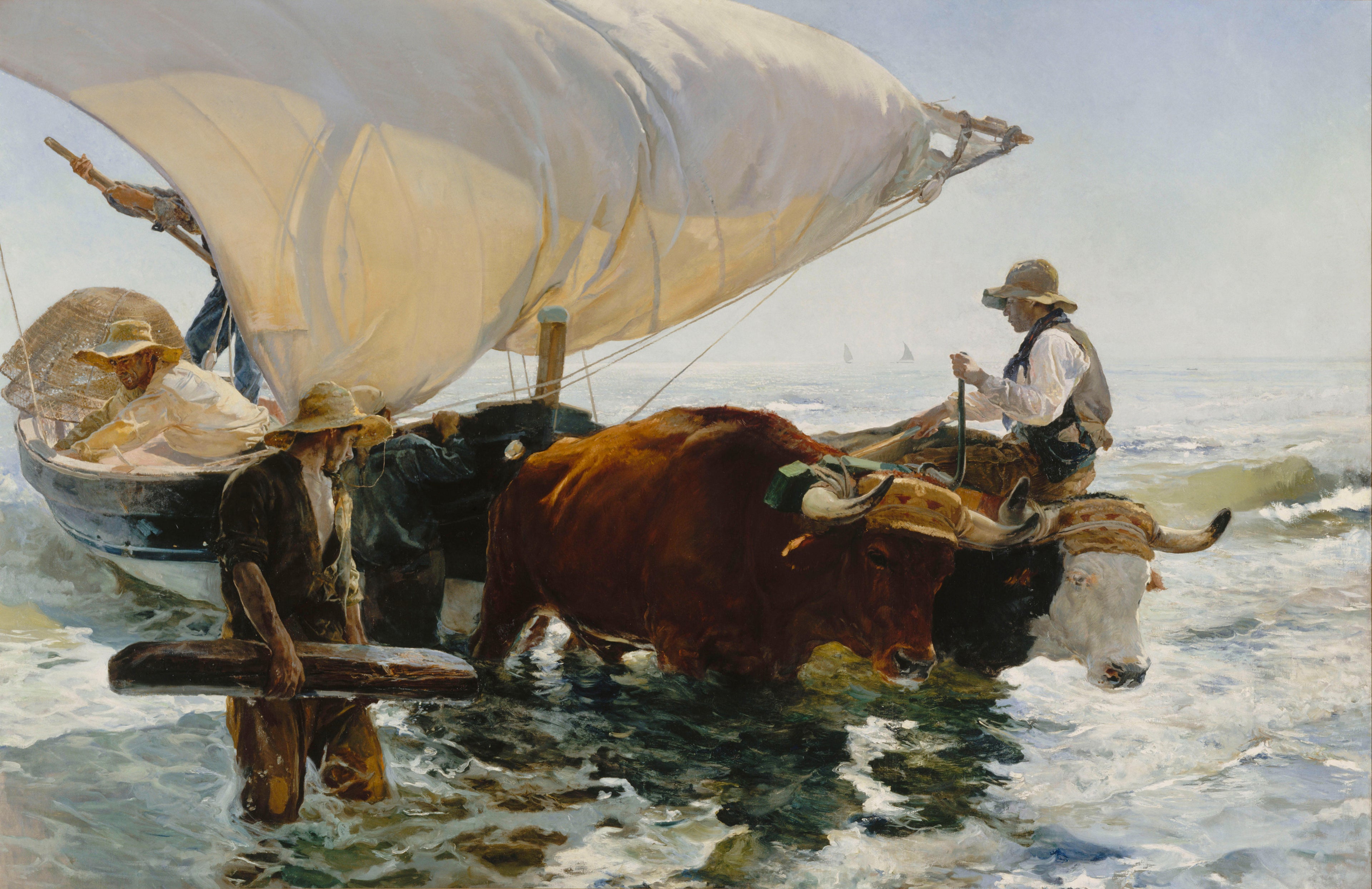 Reproduction du tableau « Retour de la pêche : halage de la barque - Joaquín Sorolla » par Alpha Reproduction en peinture à l’huile