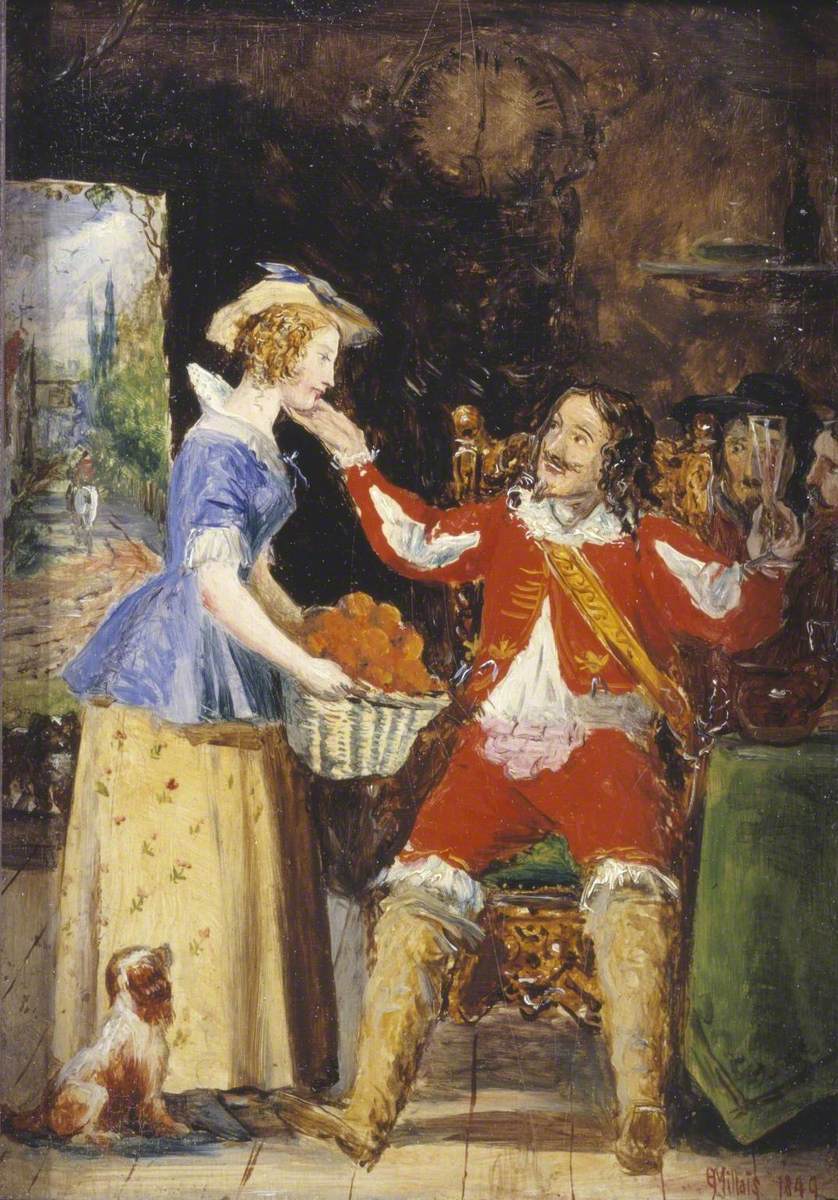 Une servante offrant un panier de fruits à un cavalier - John Everett Millais