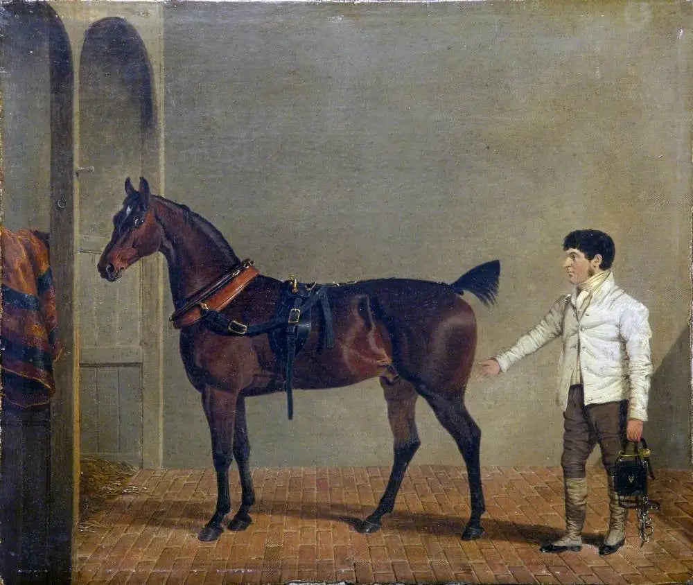 Un cheval de calèche attelé avec un palefrenier dans une écurie - John Frederick Herring Sr. - Alpha Reproduction