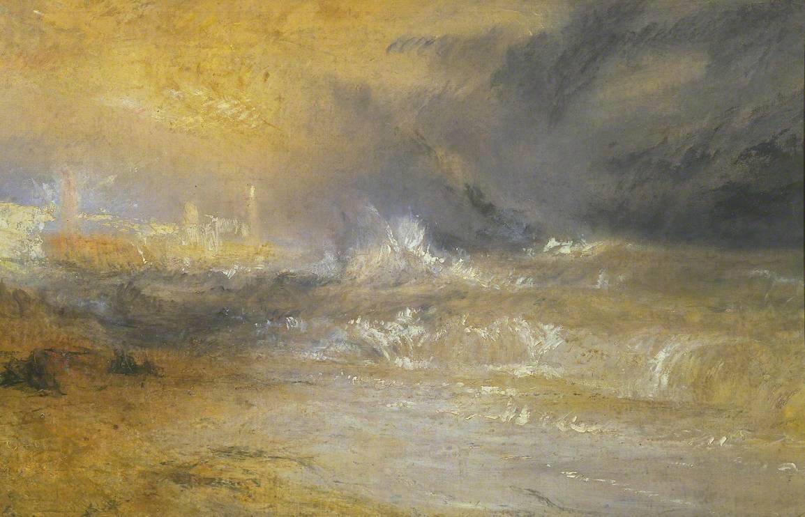Reproduction du tableau « Waves Breaking on a Lee Shore at Margate (Study for ‘Rockets and Blue Lights’) - J. M. W. Turner » par Alpha Reproduction en peinture à l’huile