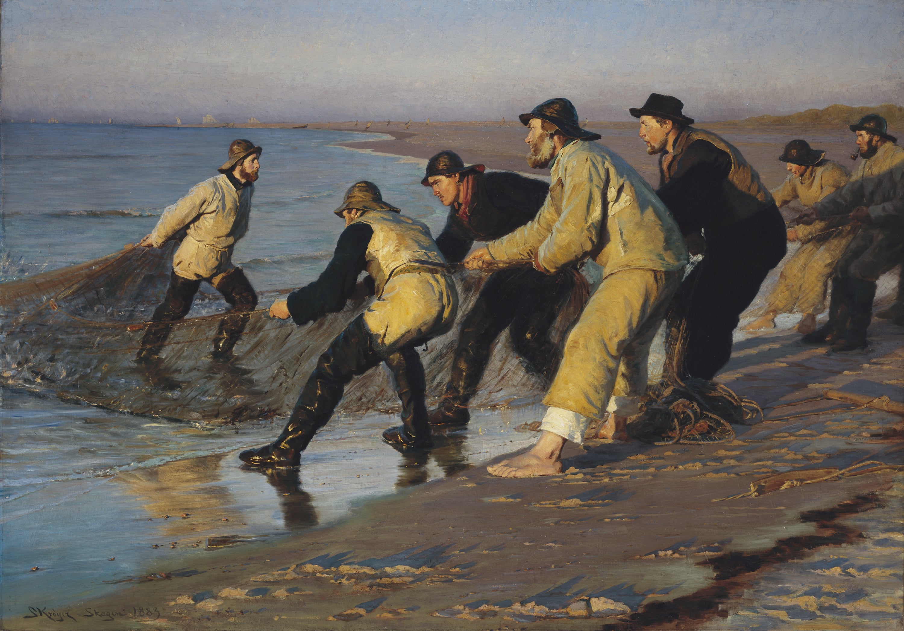 Pescadores puxam suas redes na praia norte de Skagen. Fim de tarde. - Peder Severin Krøyer