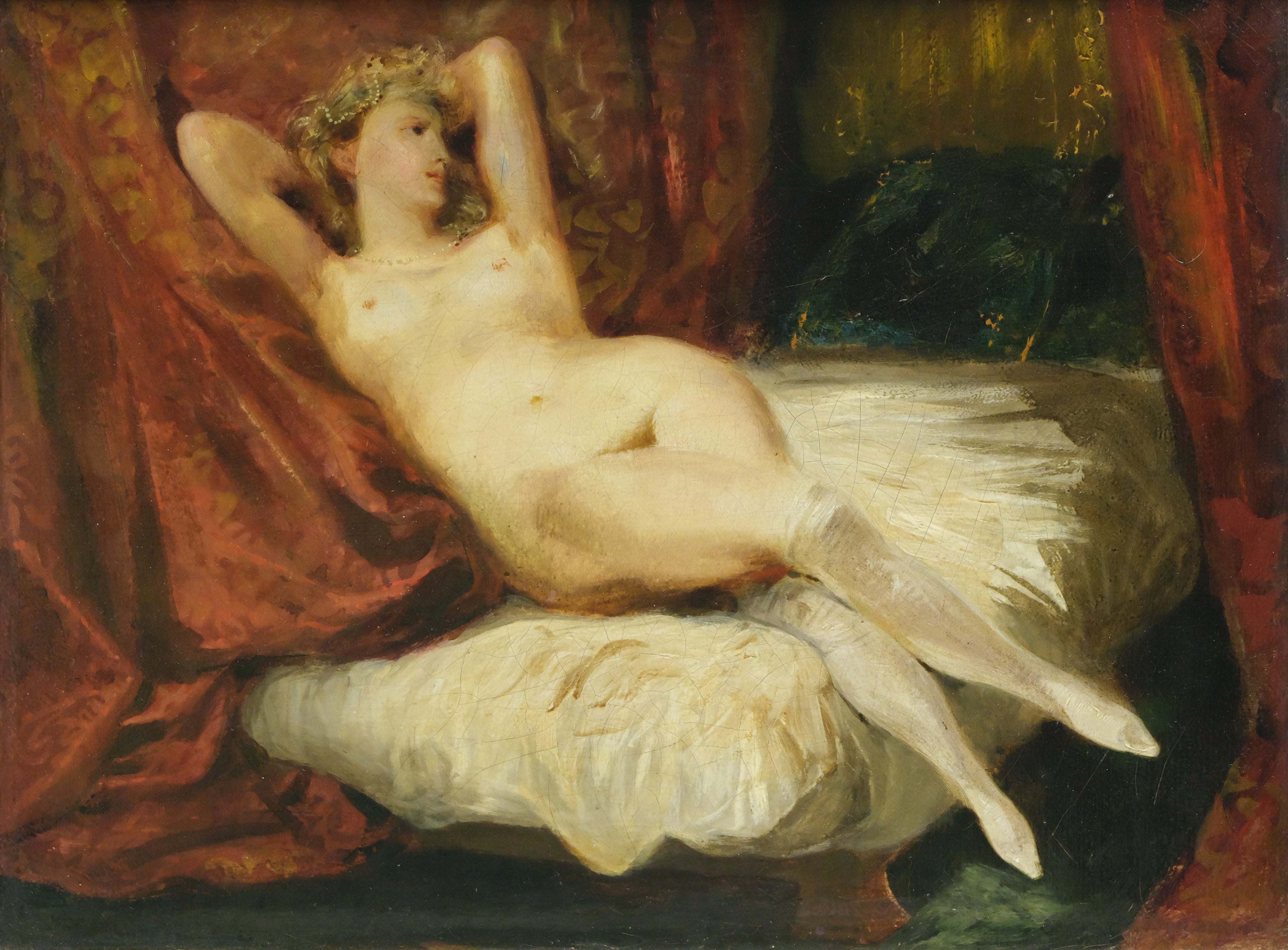 Reproduction du tableau « Étude de femme nue, couchée sur un divan - Eugène Delacroix » par Alpha Reproduction en peinture à l’huile