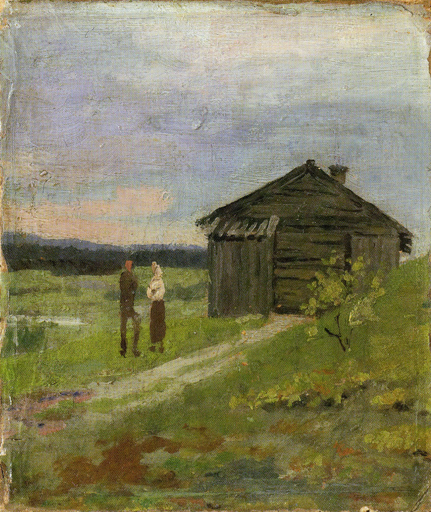 Reproduction du tableau « Paysage avec une petite maison et deux personnes - Edvard Munch » par Alpha Reproduction en peinture à l’huile
