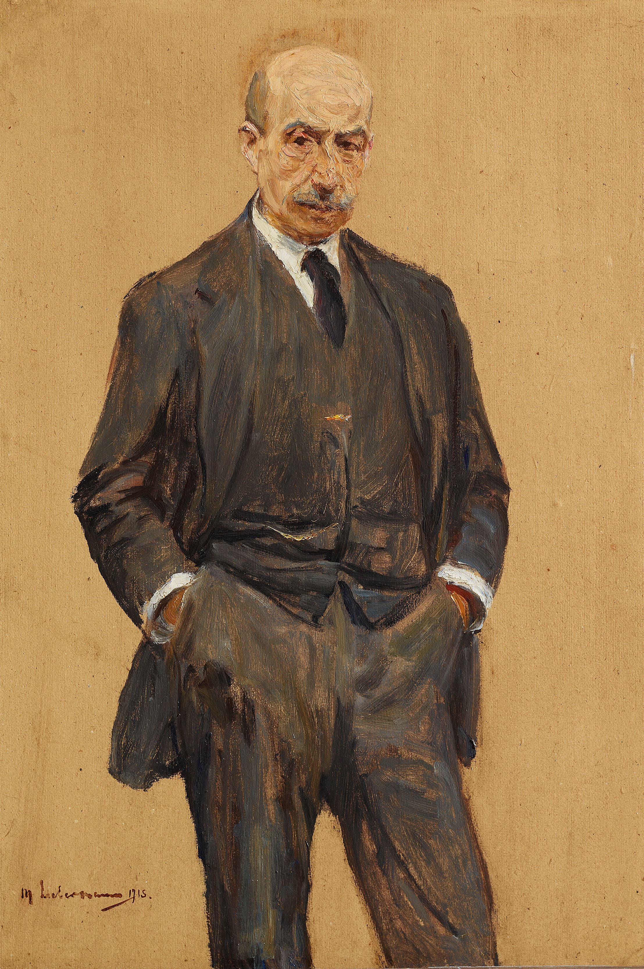 Autorretrato, em pé de três quartos, com as duas mãos nos bolsos da calça (Selbstbildnis, stehend in Dreiviertelfigur, beide Hände in den Hosentaschen) - Max Liebermann