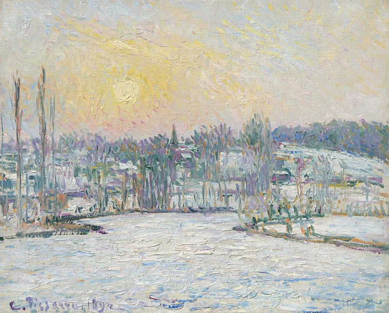 Vista de Bazincourt, efeito de neve, pôr do sol - Camille Pissarro
