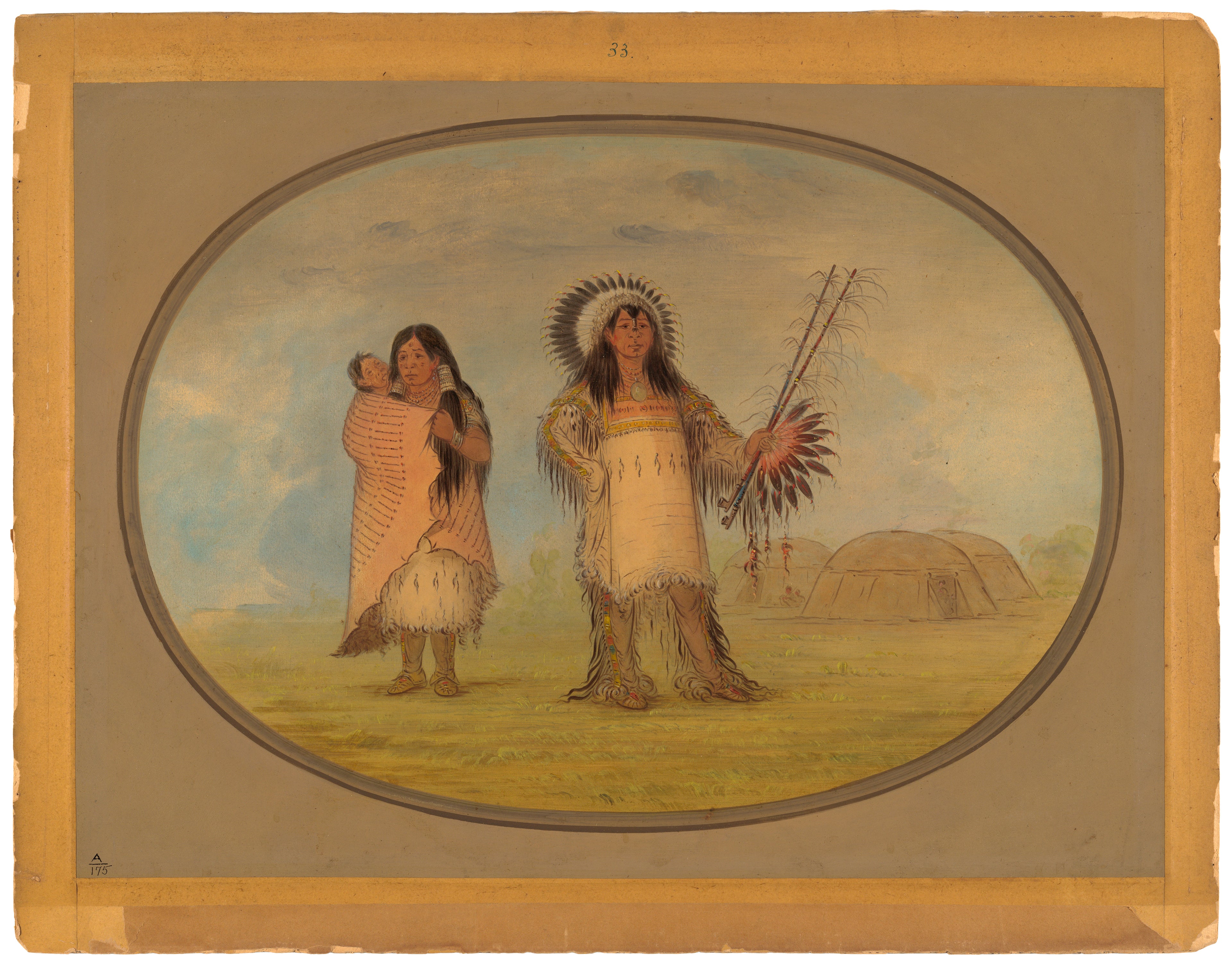 Chef civil Mandan, sa femme et son enfant - George Catlin