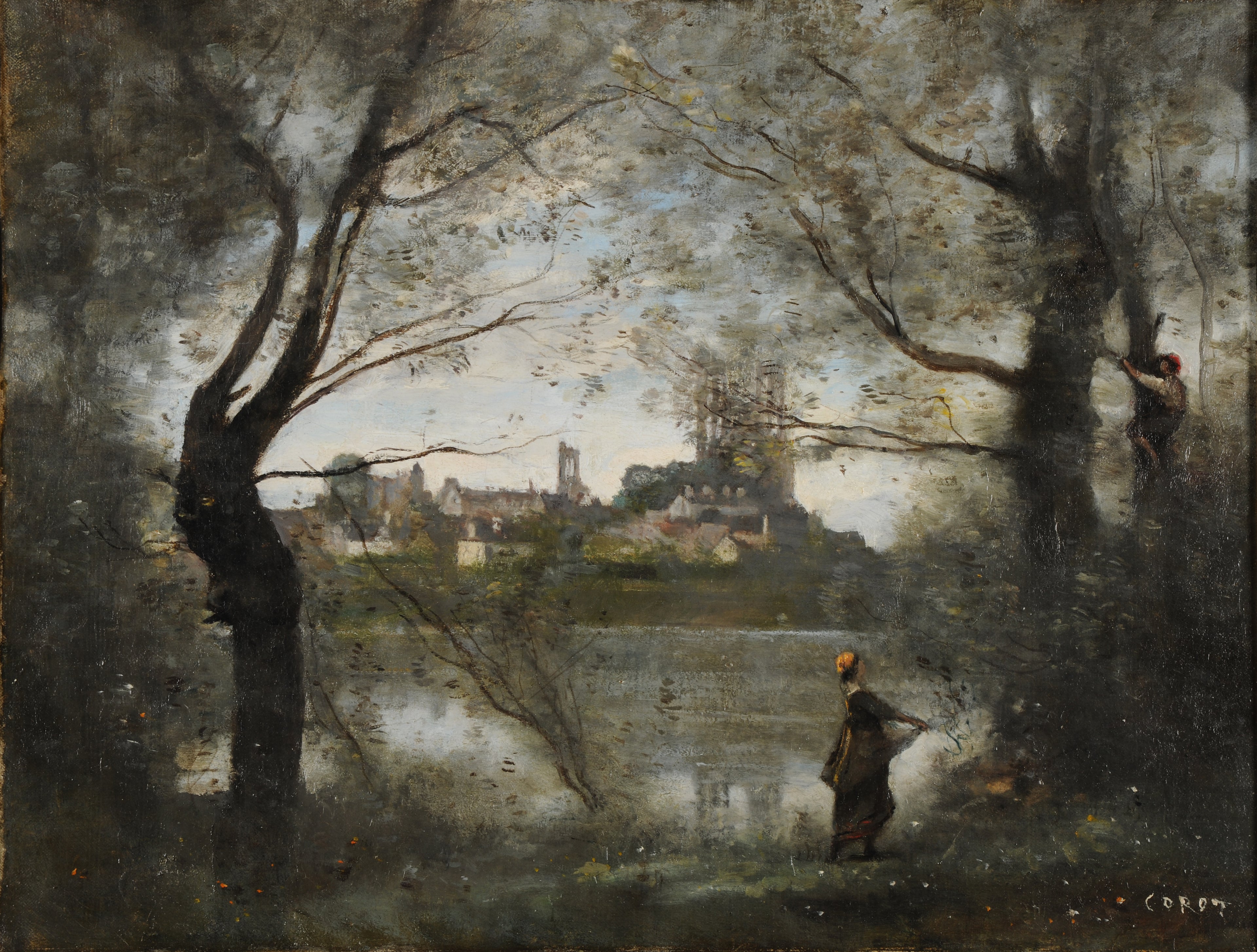 Mantes, la Cathédrale et la Ville vues à travers les arbres, le soir - Jean-Baptiste Camille Corot
