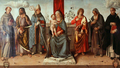 Vierge à l'Enfant en majesté avec les saints François, Matthieu, Louis de Toulouse (à gauche), Jean l'Évangéliste, Antoine l'Abbé et Pierre Martyr (à droite) - Marco Palmezzano