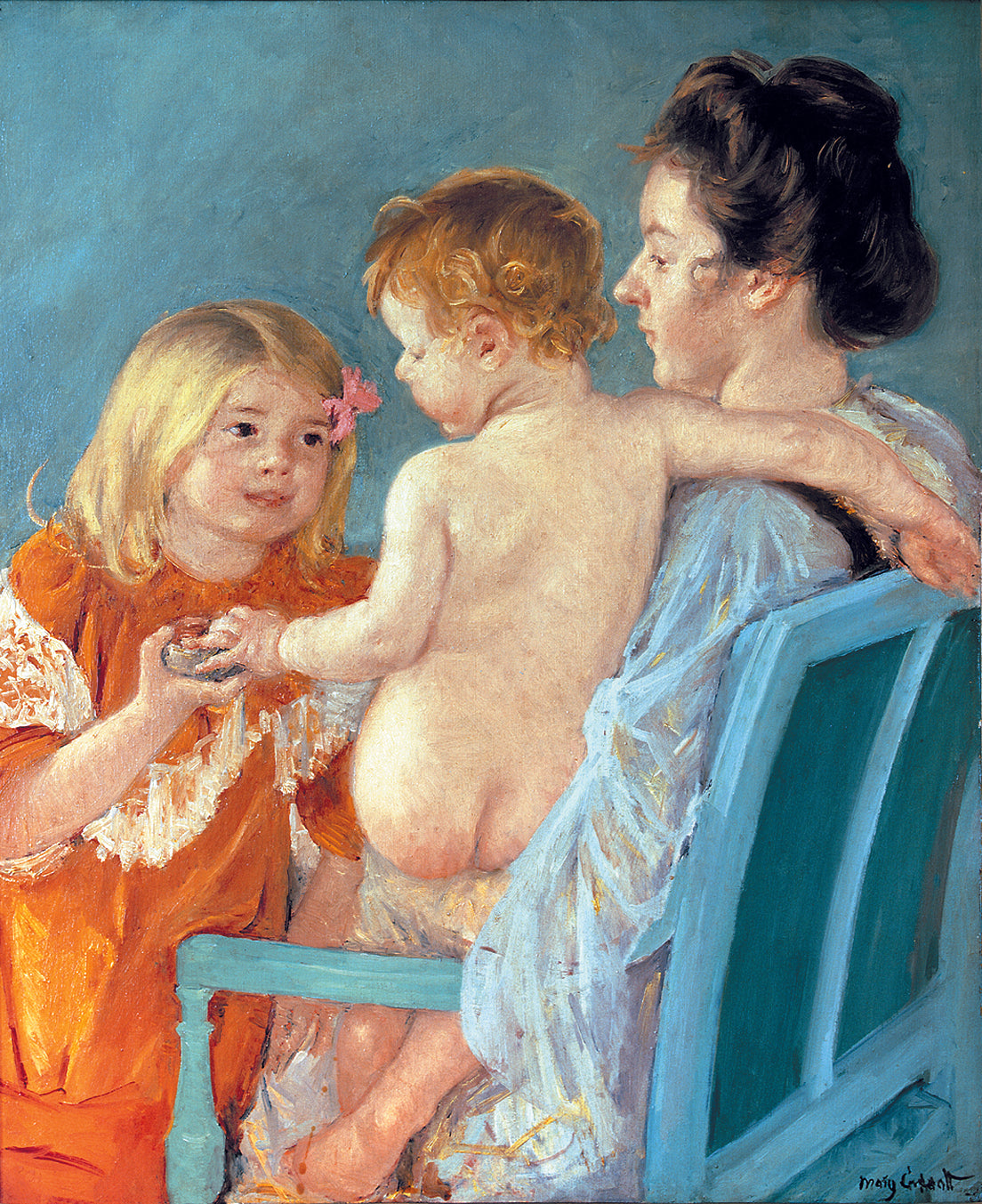 Reproduction du tableau « Sara donne un jouet au bébé - Mary Cassatt » par Alpha Reproduction en peinture à l’huile
