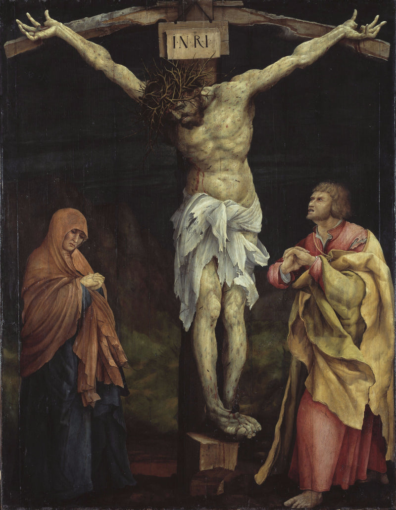 Retábulo de Tauberbischofsheim: O Cristo na cruz com Maria e São João - Matthias Grünewald