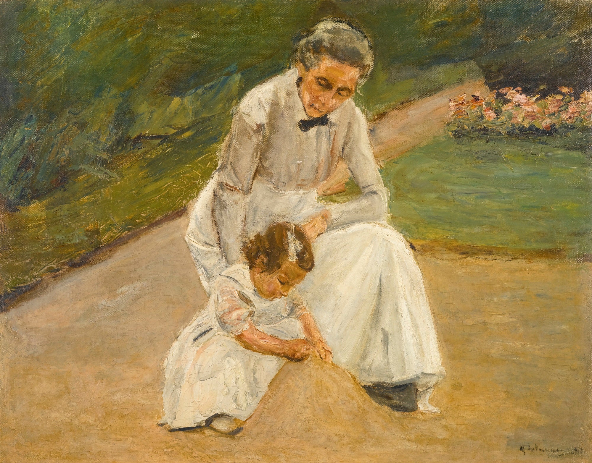 A neta do artista e sua ama brincando no jardim - Max Liebermann