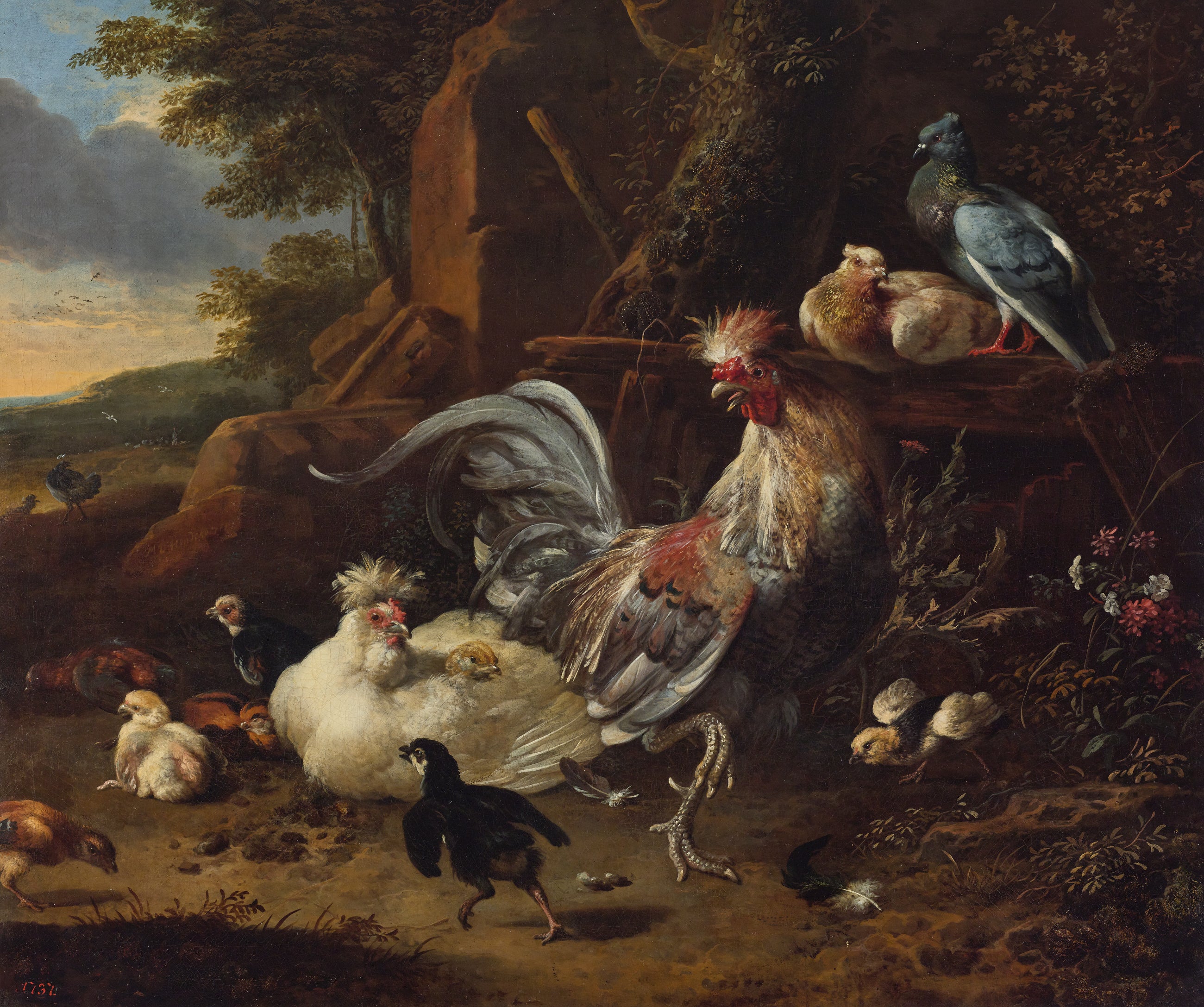 Coq, poules et autres volailles dans une cour - Melchior de Hondecoeter