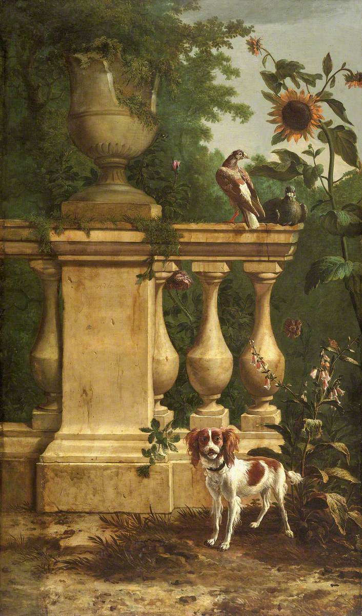 Des pigeons et un chien dans un jardin - Melchior de Hondecoeter