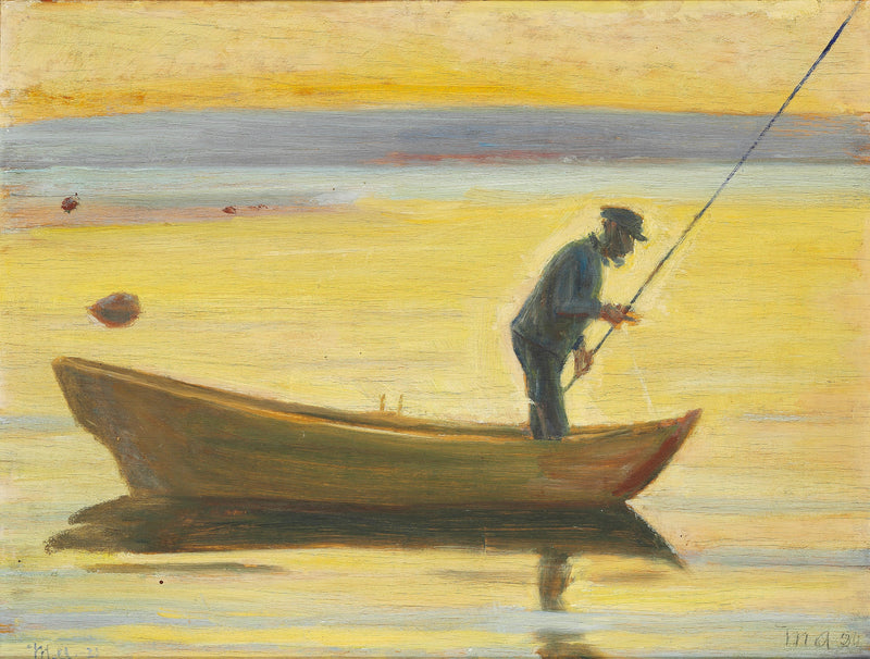 Un vieil homme pêche depuis un bateau. - Michael Peter Ancher
