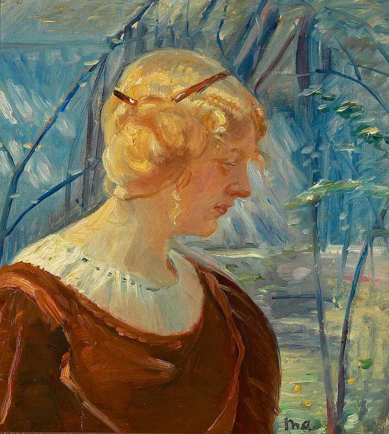 Portrait d'une jeune femme blonde dans un jardin. - Michael Peter Ancher