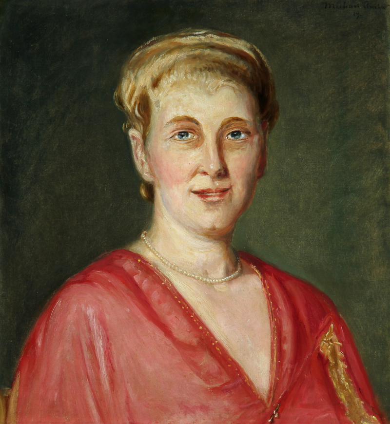 Portrait d'une femme blonde en robe rouge. - Michael Peter Ancher