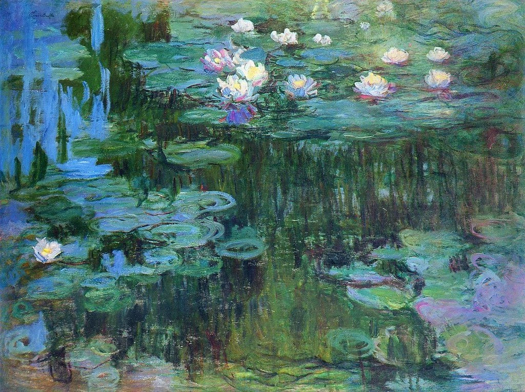💠 Ninféias com reflexos azuis e floração densa – Claude Monet