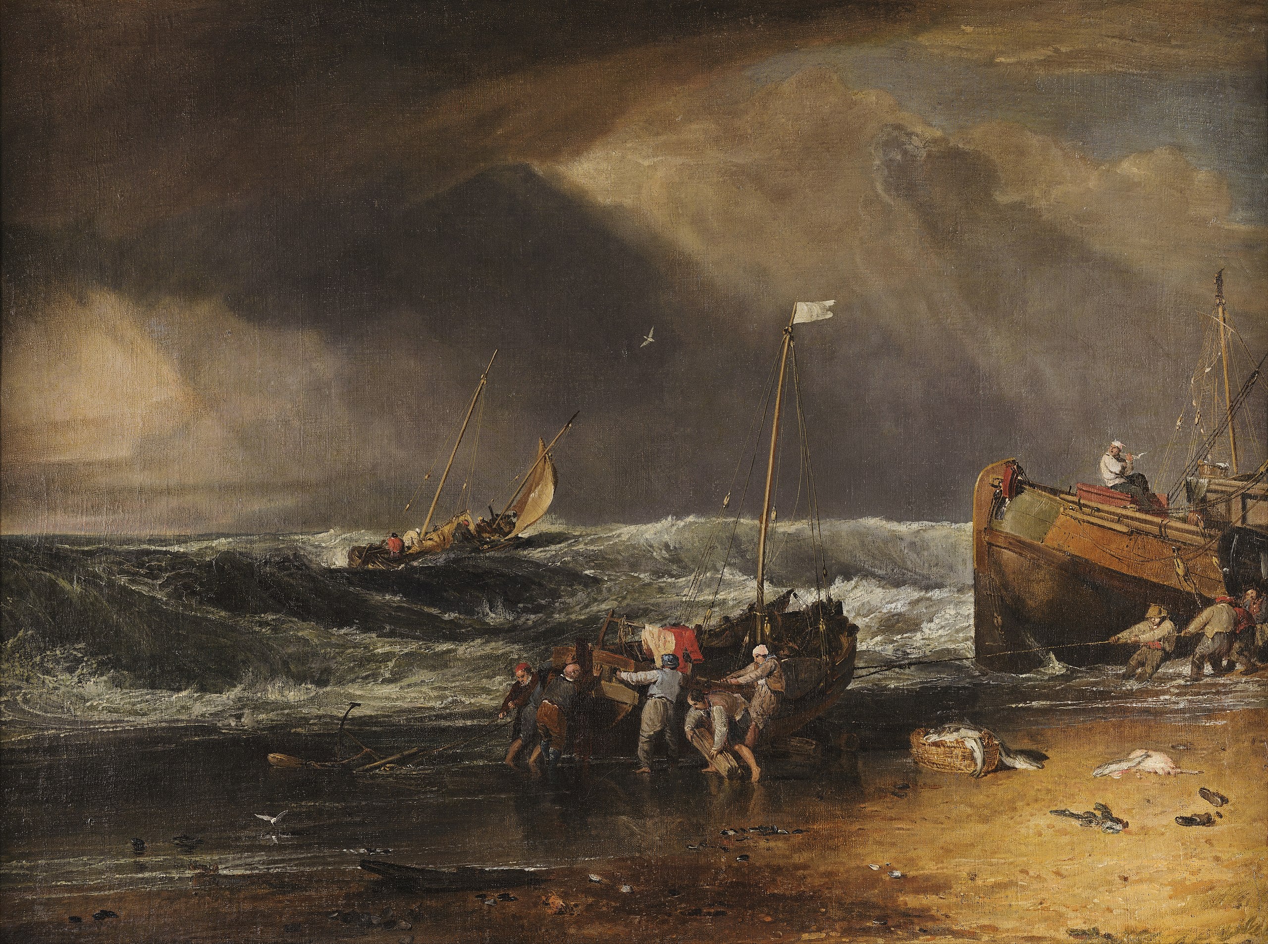Uma Cena Costeira com Pescadores Puxando um Barco para a Praia - J. M. W. Turner