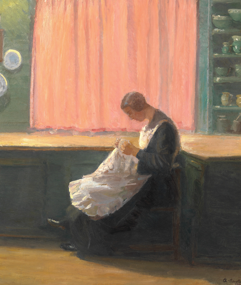 No final do dia. Jovem garota costurando. - Anna Ancher