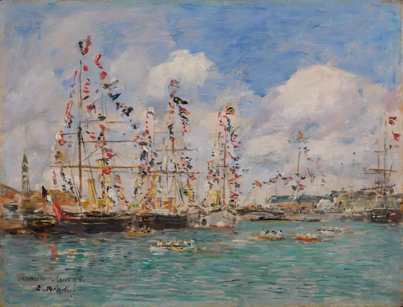 Barcos decorados com bandeiras no porto de Deauville - Eugène Boudin