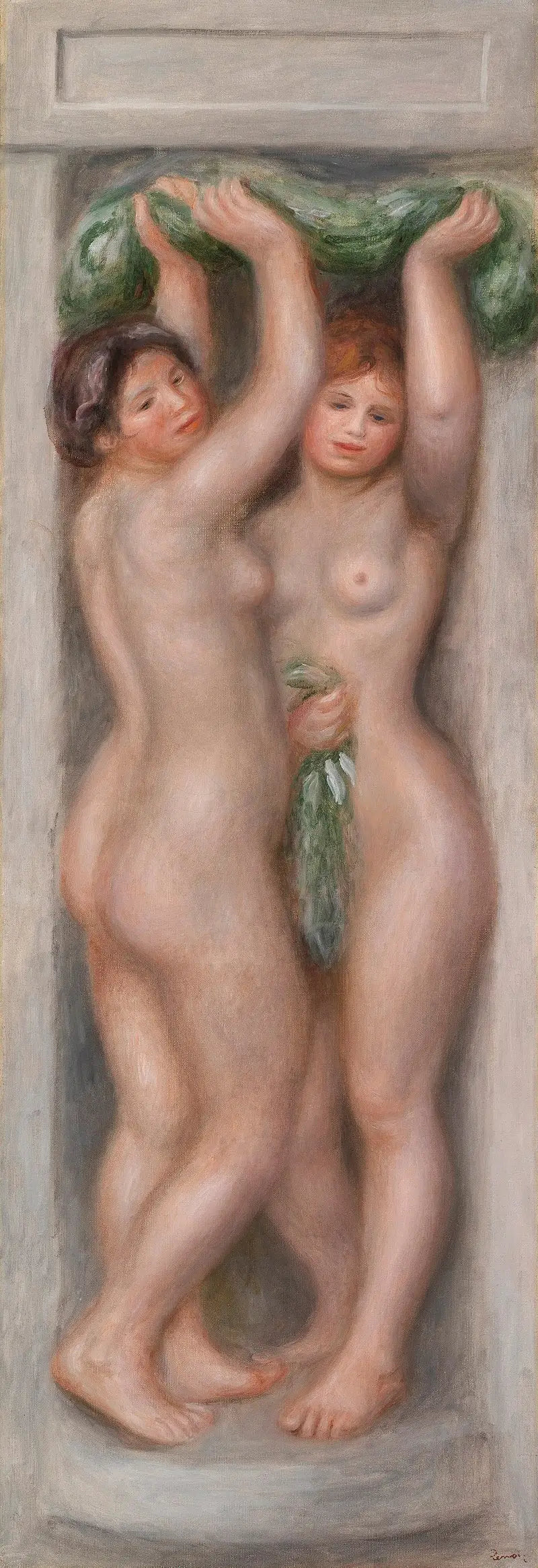 Reproduction du tableau « Cariatides (Cariatides); aussi appelé Deux baigneuses (panneau décoratif) - Pierre-Auguste Renoir » par Alpha Reproduction en peinture à l’huile